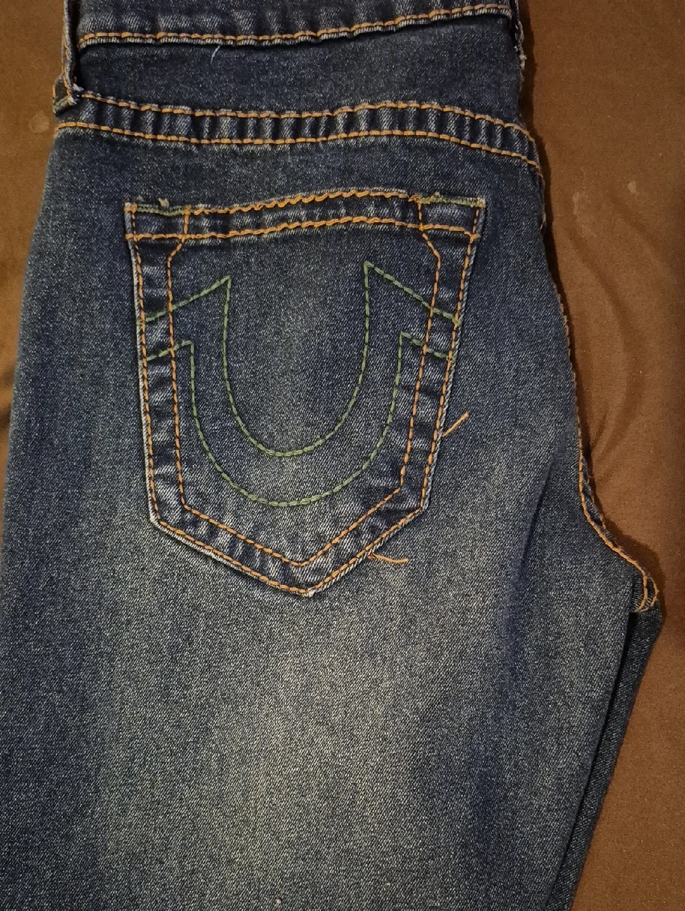 True Religion Men’s Straight Jeans - Dark Blue with Green Stitching